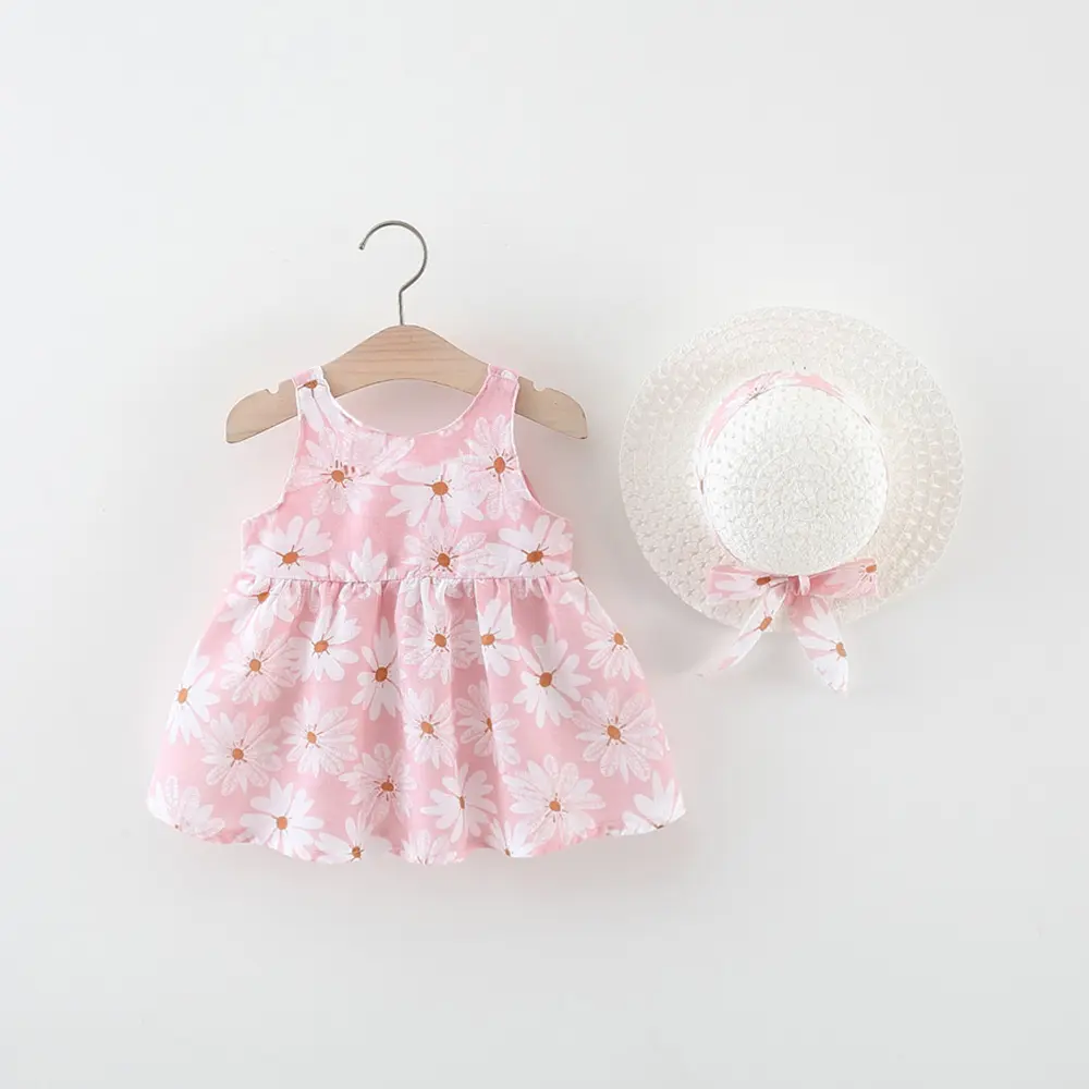 2 Pieces Set Summer New Children Clothing Flower Printed Bow Skirt Hat Sleeveless Sweet Baby Girl Dresses