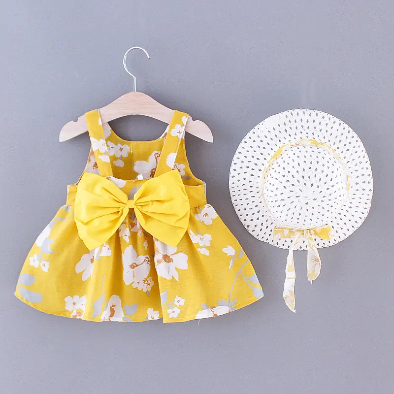2-piece set of summer new girls' sleeveless round neck casual baby cotton printed cute big bow dress and hat for 0-2 years old