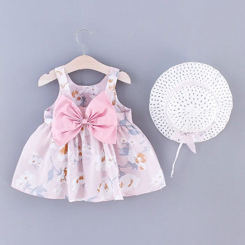 2-piece set of summer new girls' sleeveless round neck casual baby cotton printed cute big bow dress and hat for 0-2 years old