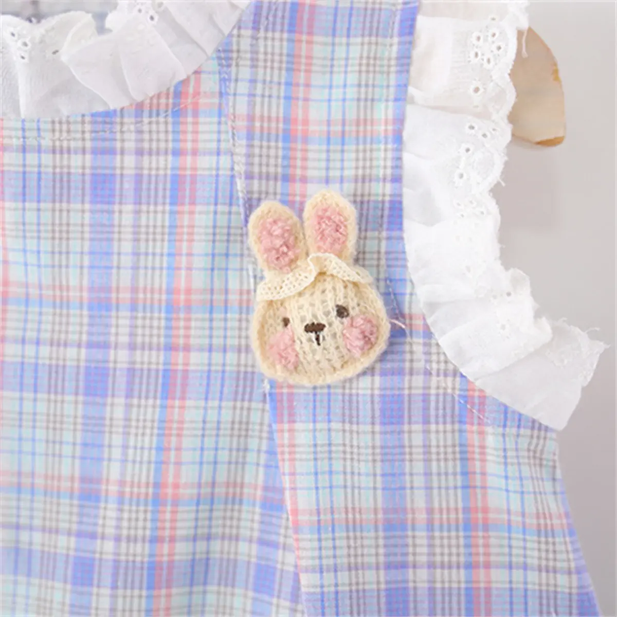 Casual Dresses For Girls Summer New Sleeveless Checkered Cute Rabbit Baby Dresses Lace Edge Send Bag Girl Clothing