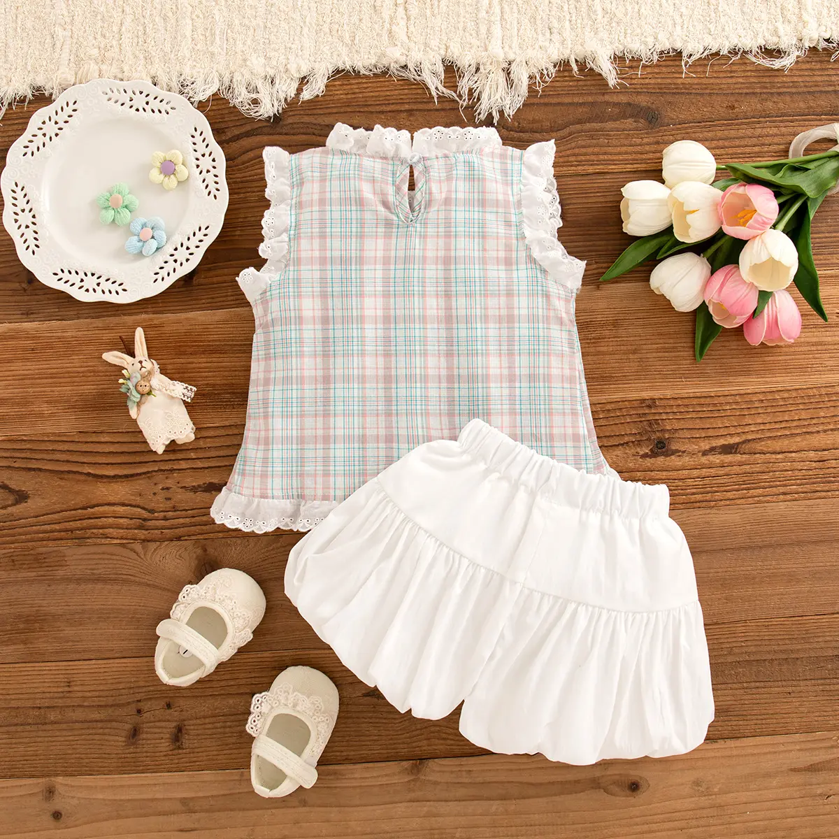 2 pieces Set Baby Girl Clothing Summer new sleeveless lace border Baby Clothes plaid sweet bow Sets For girl