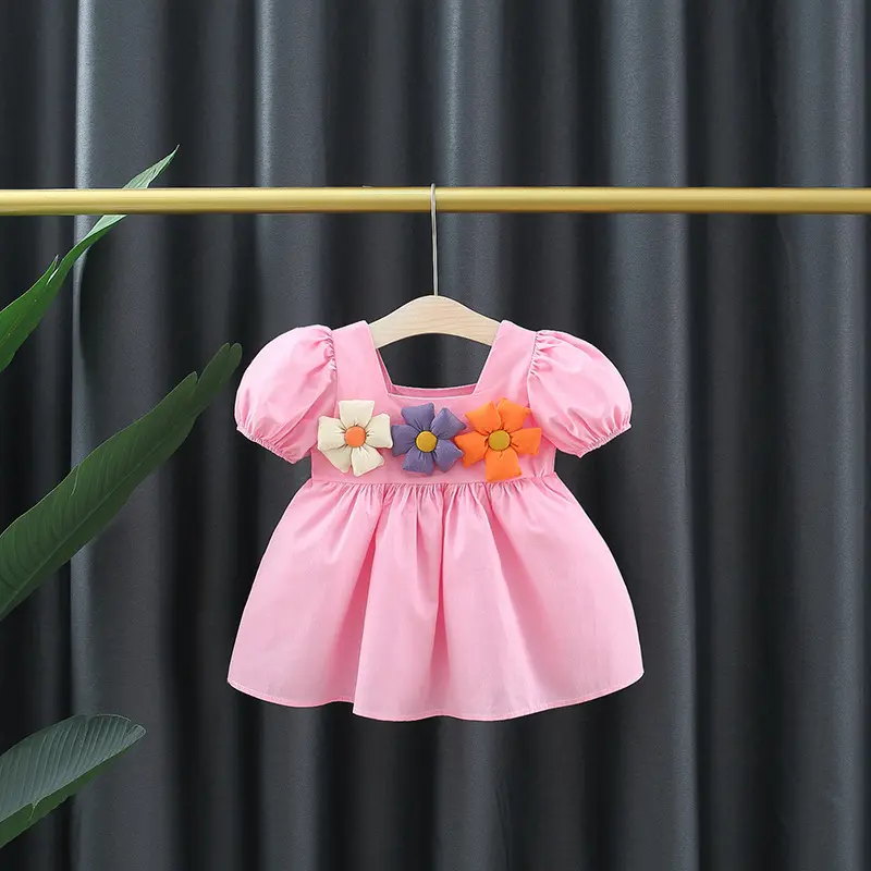 Summer Girls' Baby Dresses Girls' Princess Cotton Dresses Preschool Children'S 3d Flower Solid Color Loose Clothes