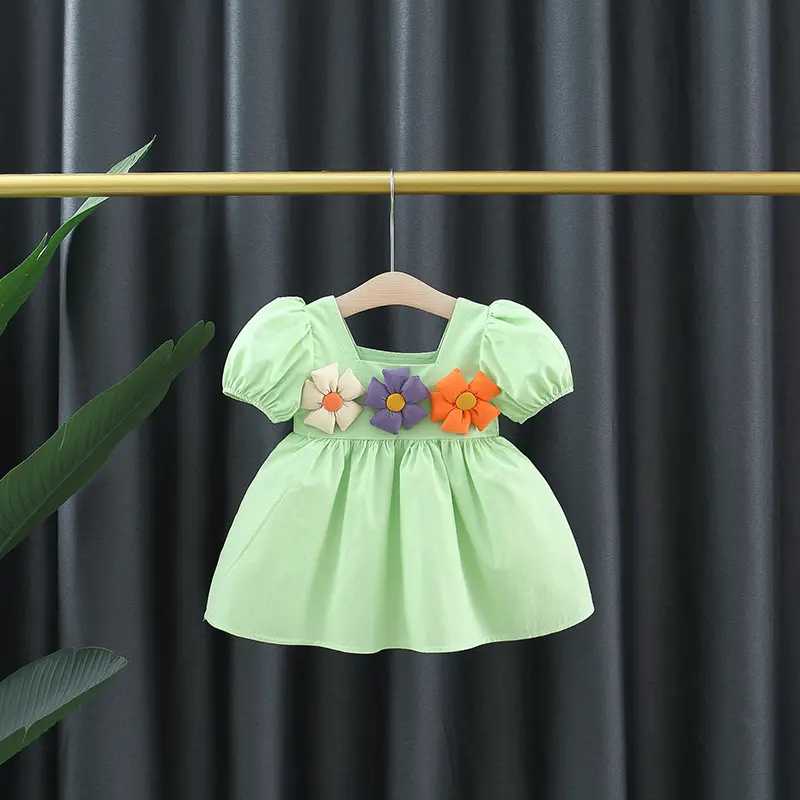 Summer Girls' Baby Dresses Girls' Princess Cotton Dresses Preschool Children'S 3d Flower Solid Color Loose Clothes