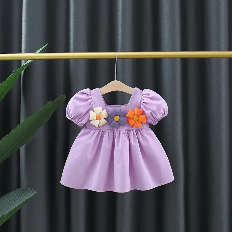 Summer Girls' Baby Dresses Girls' Princess Cotton Dresses Preschool Children'S 3d Flower Solid Color Loose Clothes