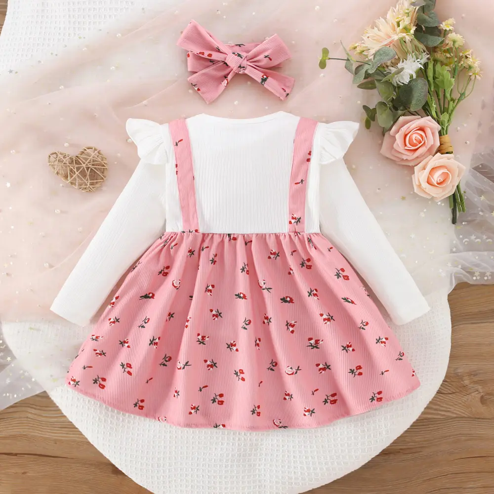 Spring and Autumn New 2/piece Long Sleeve Girls' Dress with Printed Headband Female Baby Long Sleeve Splicing Bow Strap Dress