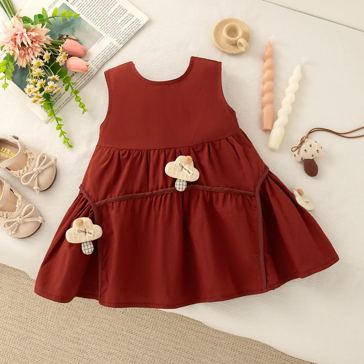 Baby Girl Dresses Summer New Sleeveless Solid Color Baby Clothes Simple Splicing 3d Decoration Casual Dress For Girl