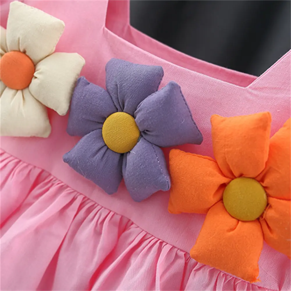 Summer Girls' Baby Dresses Girls' Princess Cotton Dresses Preschool Children'S 3d Flower Solid Color Loose Clothes