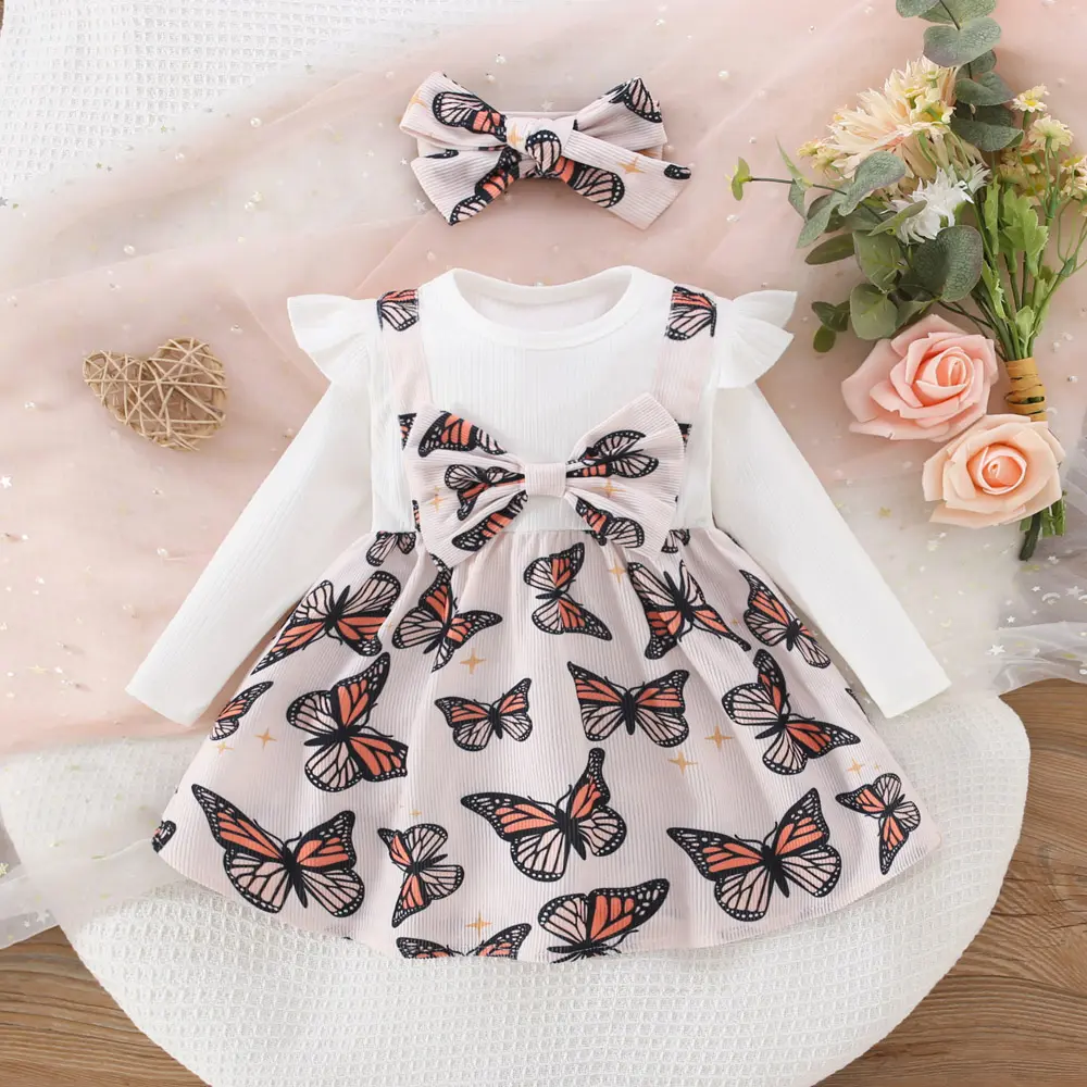 Spring and Autumn New 2/piece Long Sleeve Girls' Dress with Printed Headband Female Baby Long Sleeve Splicing Bow Strap Dress
