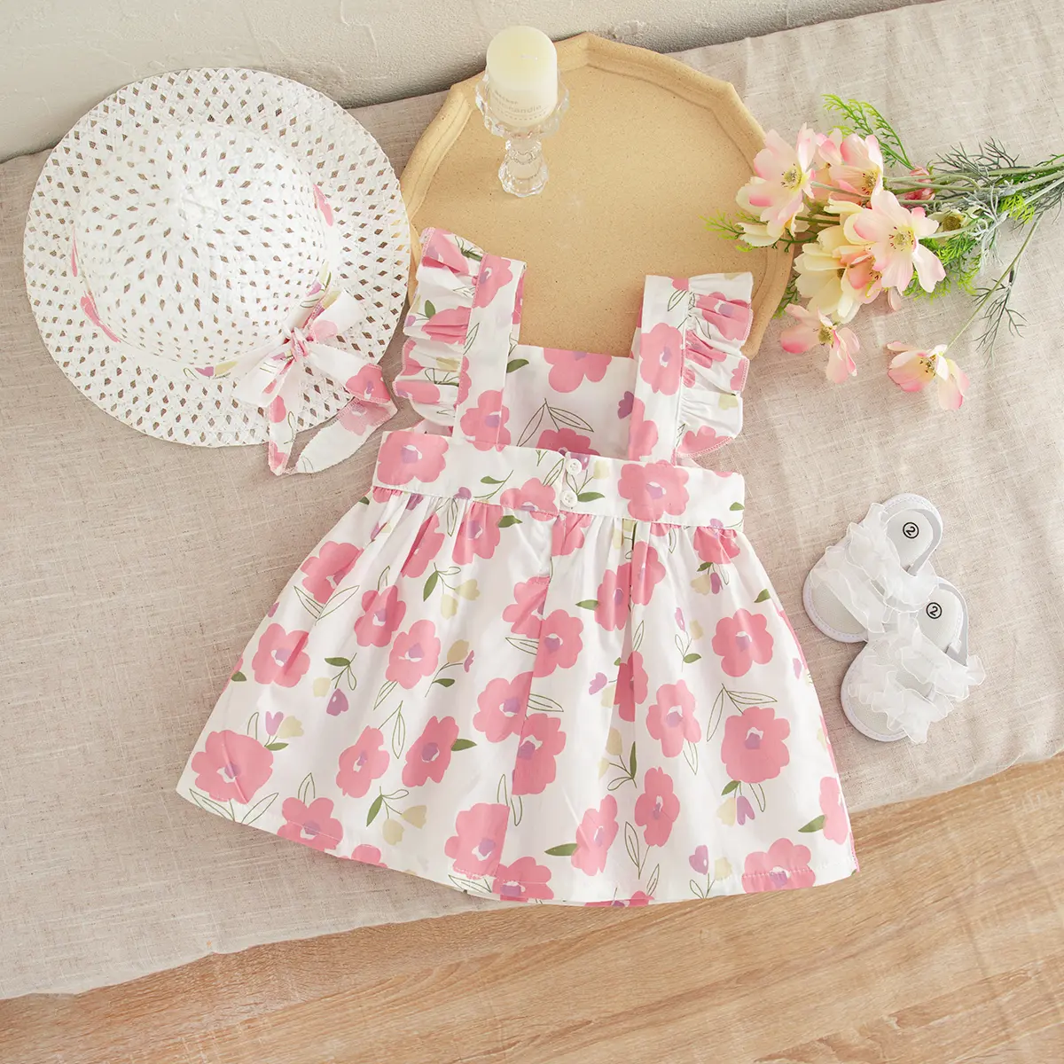 2pc/Set Baby Girl Dress Summer Flowers Sweet Pink Children Dresses 0-2 Years Old Cotton Lacy Birthday Outfit Princess