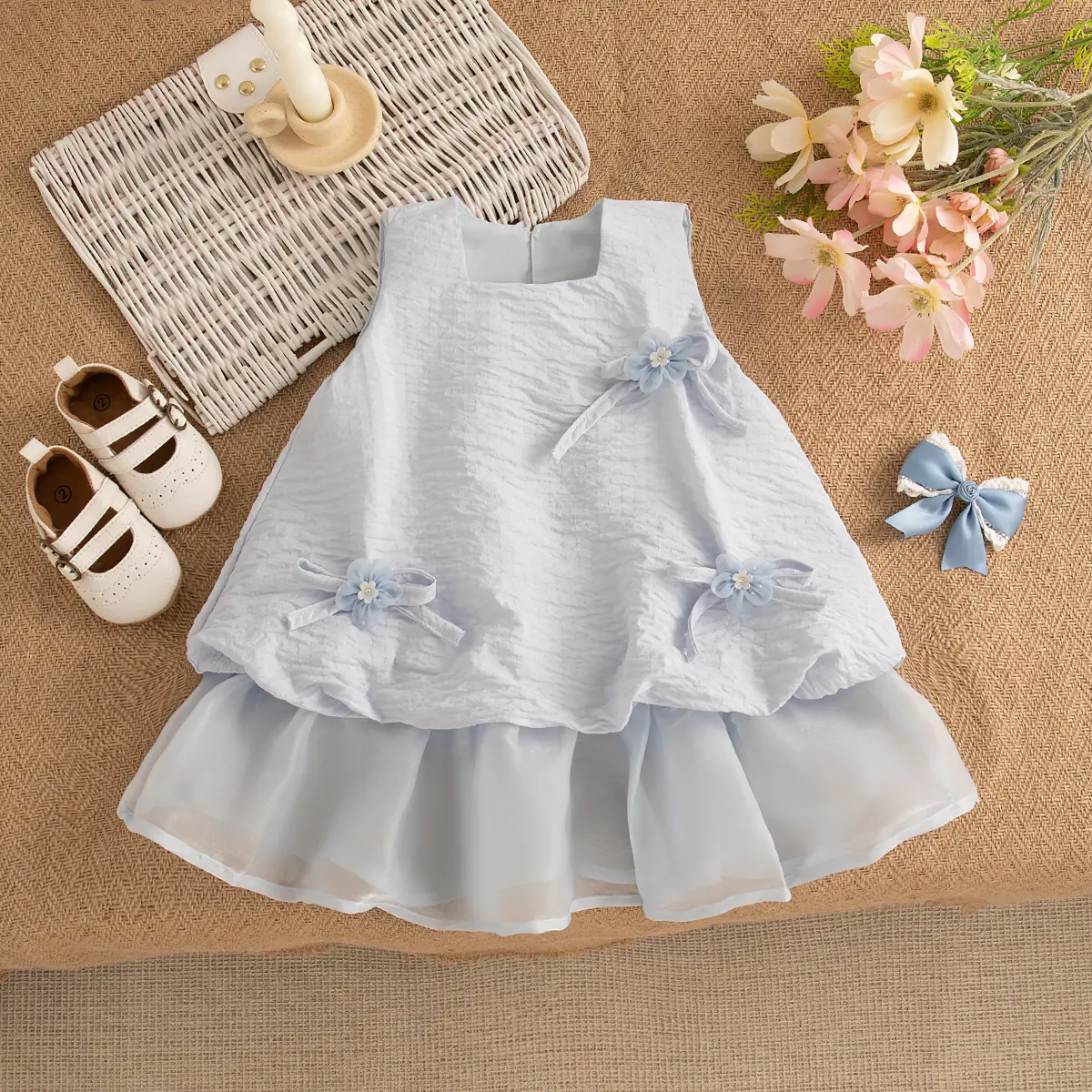 Casual Dresses For Girls Summer Sleeveless Solid Color Baby Dresses Sweet Princess Bow Imitation Satin Girl Clothes