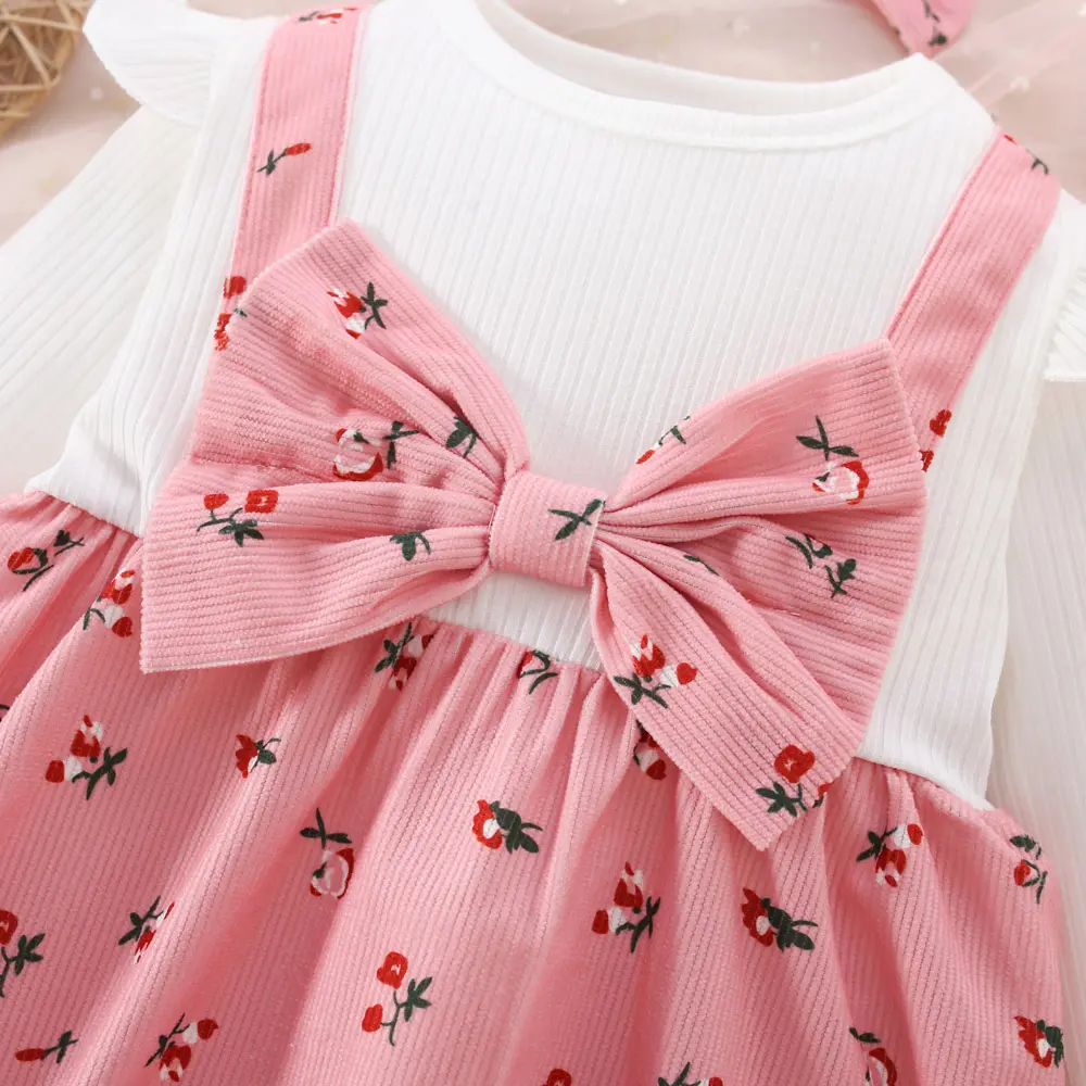 Spring and Autumn New 2/piece Long Sleeve Girls' Dress with Printed Headband Female Baby Long Sleeve Splicing Bow Strap Dress