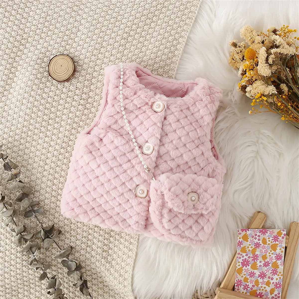 2-Piece Baby Girl Artificial Fur Vest+Bag Baby Warm Coat Girl Solid Sweet Sleeveless Vest Children'S Clothing