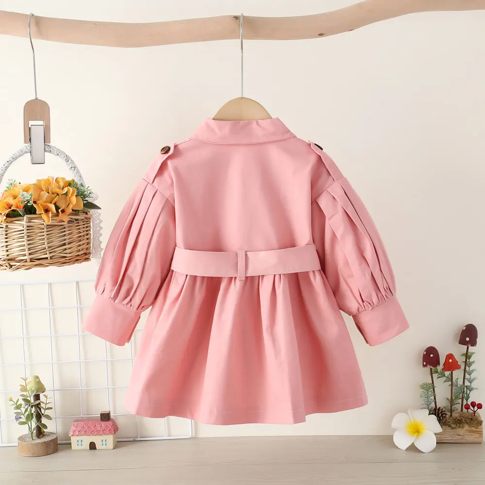 Spring and Autumn Leisure Girls' Coat Baby Girl Solid Color Collar Double Row Buckle Waist Strap Fashion Coat