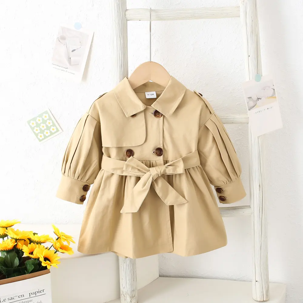 Spring and Autumn Leisure Girls' Coat Baby Girl Solid Color Collar Double Row Buckle Waist Strap Fashion Coat