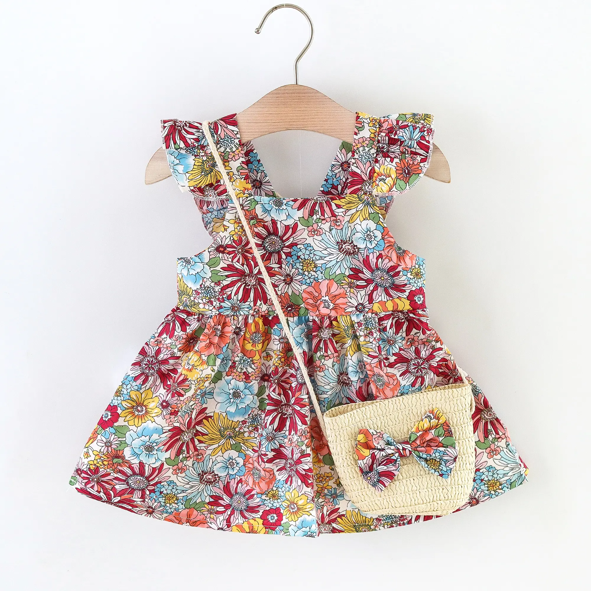 2pcs Baby Girls Cute Floral Graphic Print Ruffle Sleeve Dress & Messenger Bag Set Clothes