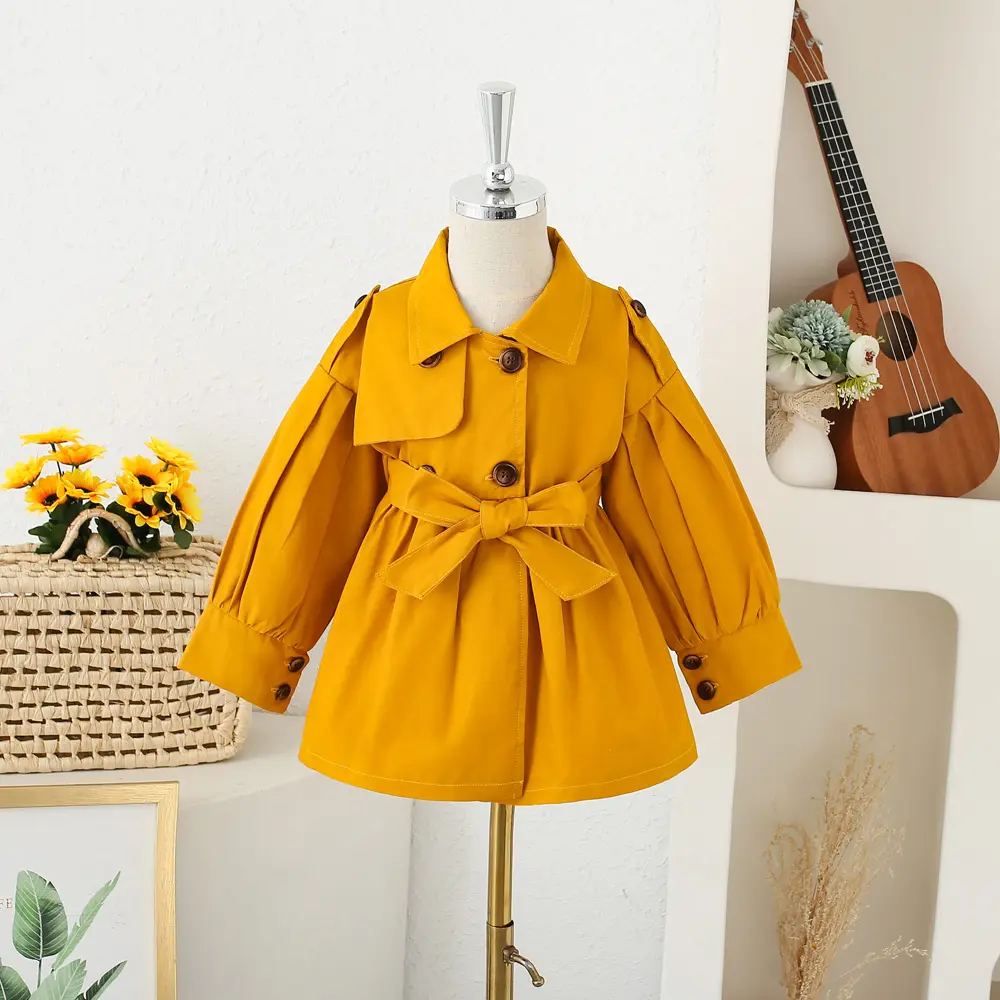 Spring and Autumn Leisure Girls' Coat Baby Girl Solid Color Collar Double Row Buckle Waist Strap Fashion Coat