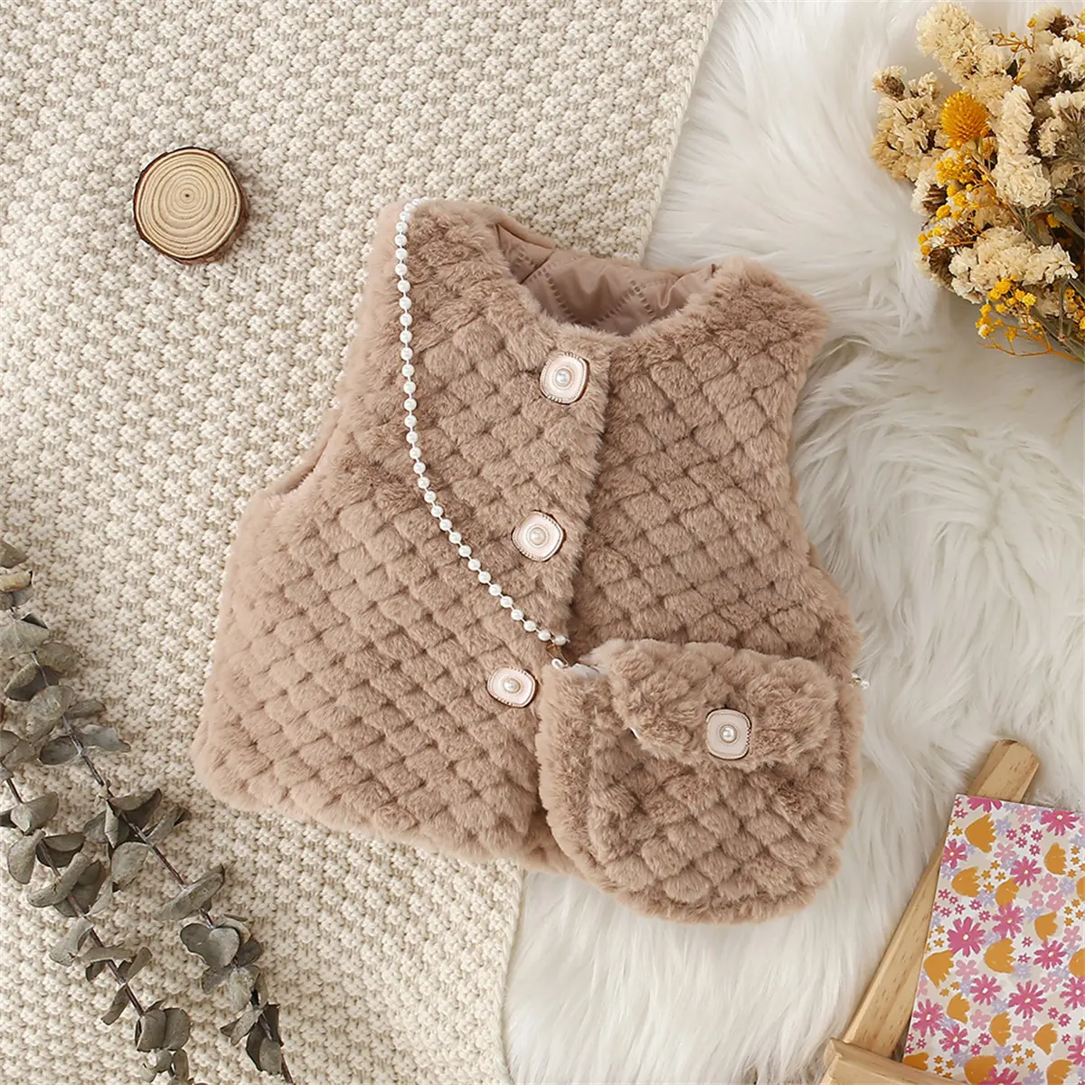 2-Piece Baby Girl Artificial Fur Vest+Bag Baby Warm Coat Girl Solid Sweet Sleeveless Vest Children'S Clothing
