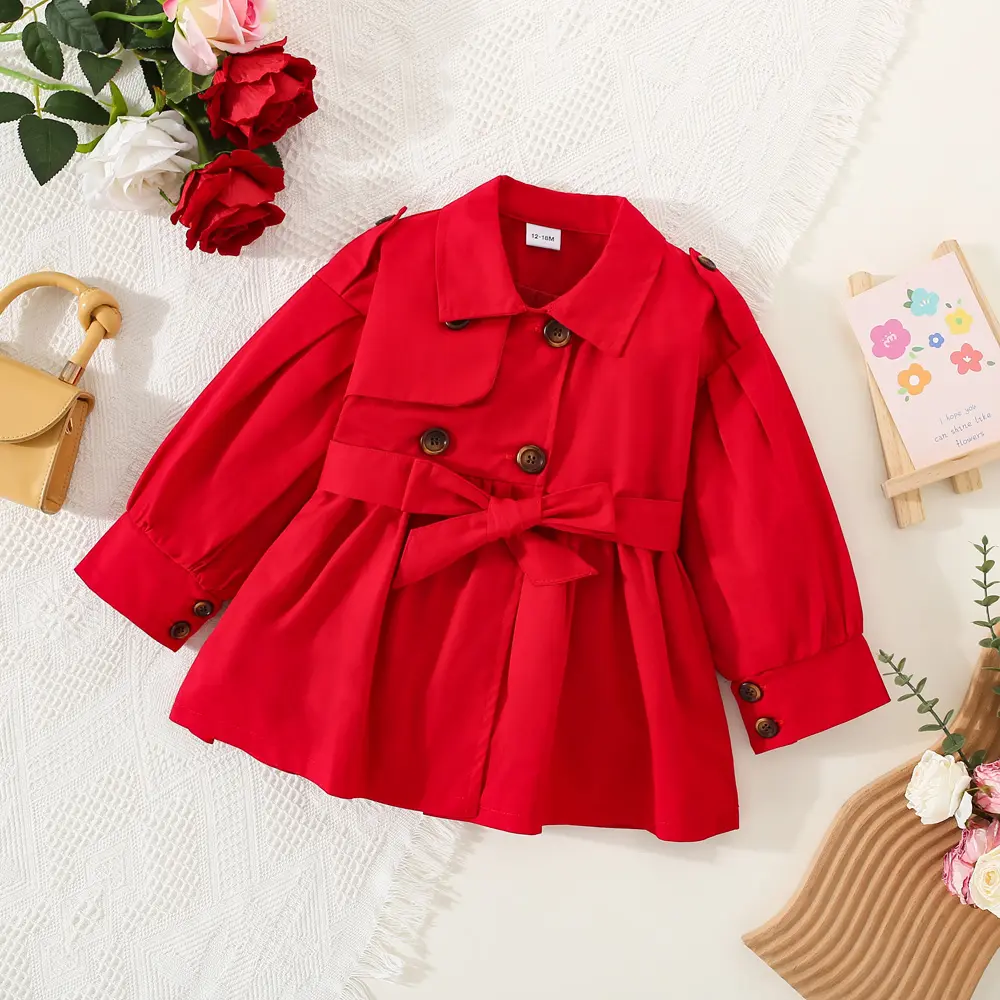 Spring and Autumn Leisure Girls' Coat Baby Girl Solid Color Collar Double Row Buckle Waist Strap Fashion Coat