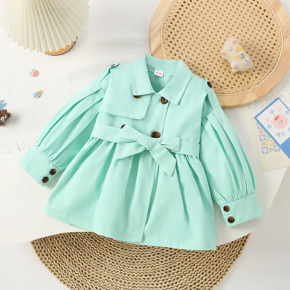 Spring and Autumn Leisure Girls' Coat Baby Girl Solid Color Collar Double Row Buckle Waist Strap Fashion Coat
