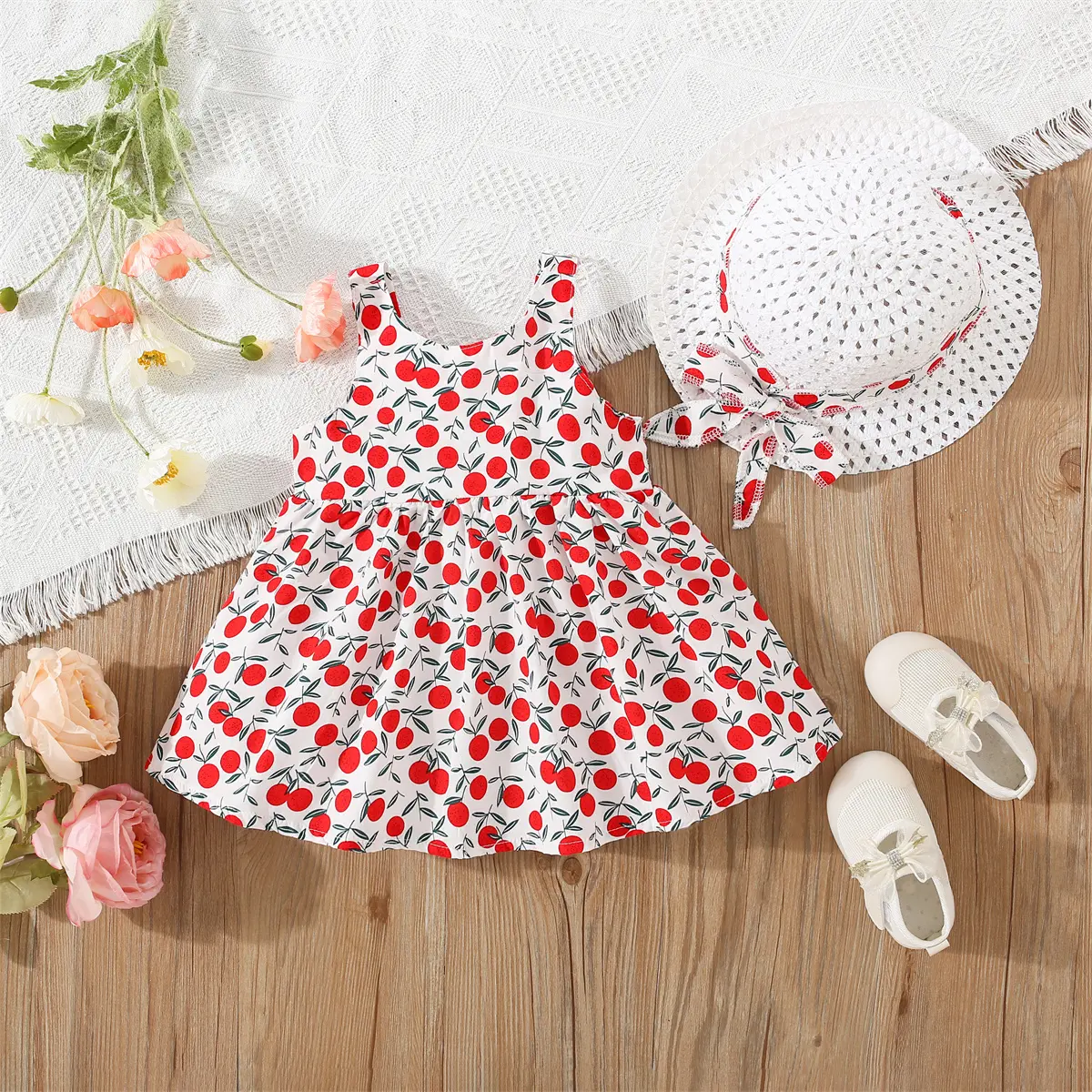 Beach Baby Girl Dress 2 Piece Set Summer Bow Baby Birthday Dress+Hat 0-2Y Sweet Casual Clothing for Children