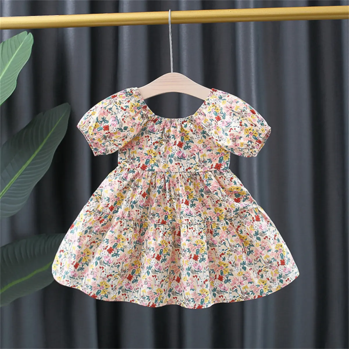 Summer baby dress for girls with floral bubble sleeves tied behind princess dress for children's cool clothing
