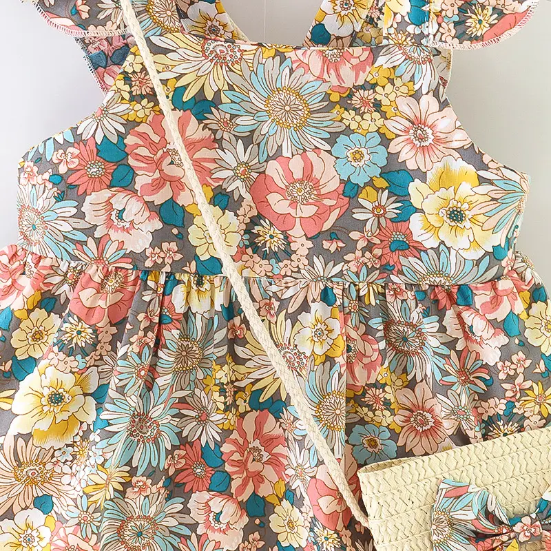 2pcs Baby Girls Cute Floral Graphic Print Ruffle Sleeve Dress & Messenger Bag Set Clothes