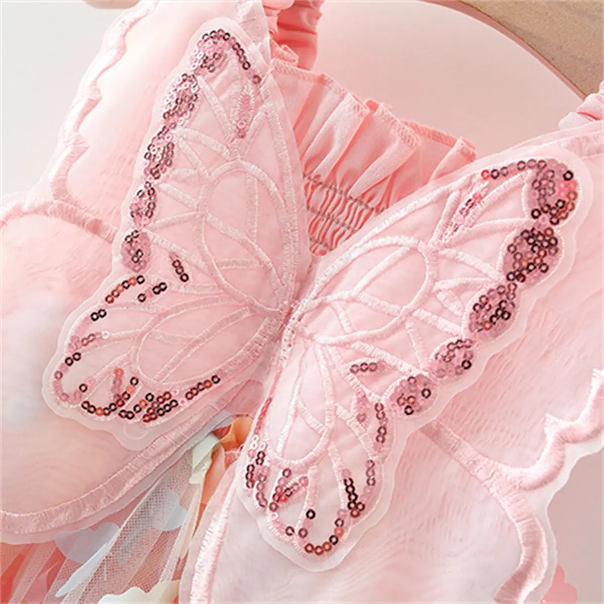 Summer girl's camisole dress with rainbow butterfly print mesh patchwork butterfly wings sleeveless fluffy skirt