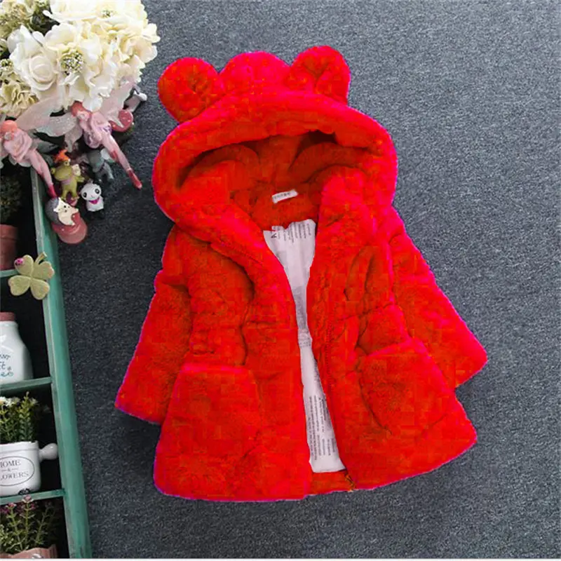 Winter Cute Hairy Girl's Coat Baby Girl Solid Color Bear Ears Hooded Waist Zipper Warm Versatile Coat