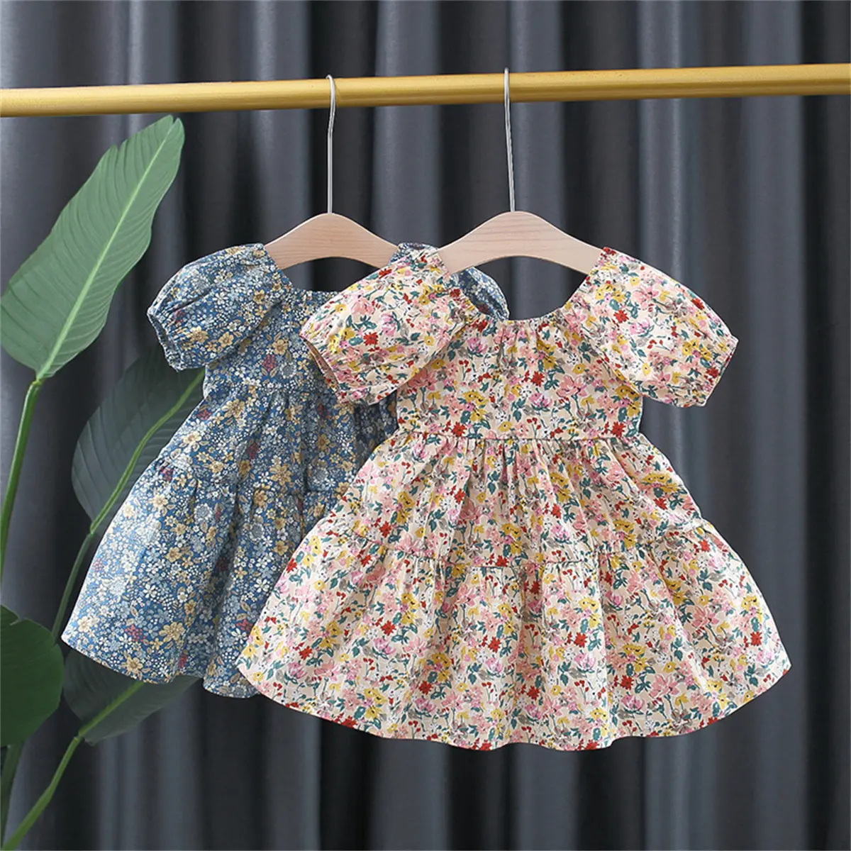 Summer baby dress for girls with floral bubble sleeves tied behind princess dress for children's cool clothing