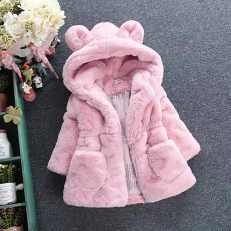 Winter Cute Hairy Girl's Coat Baby Girl Solid Color Bear Ears Hooded Waist Zipper Warm Versatile Coat