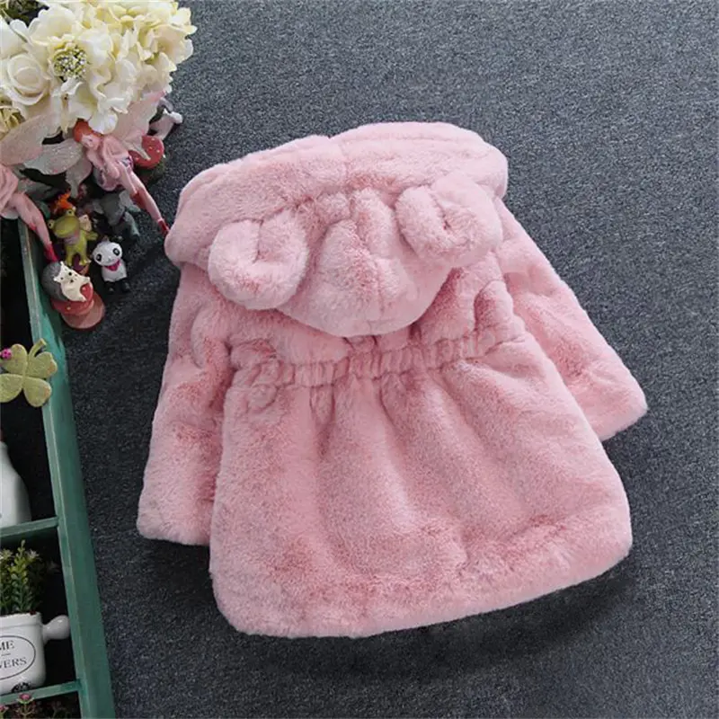Winter Cute Hairy Girl's Coat Baby Girl Solid Color Bear Ears Hooded Waist Zipper Warm Versatile Coat