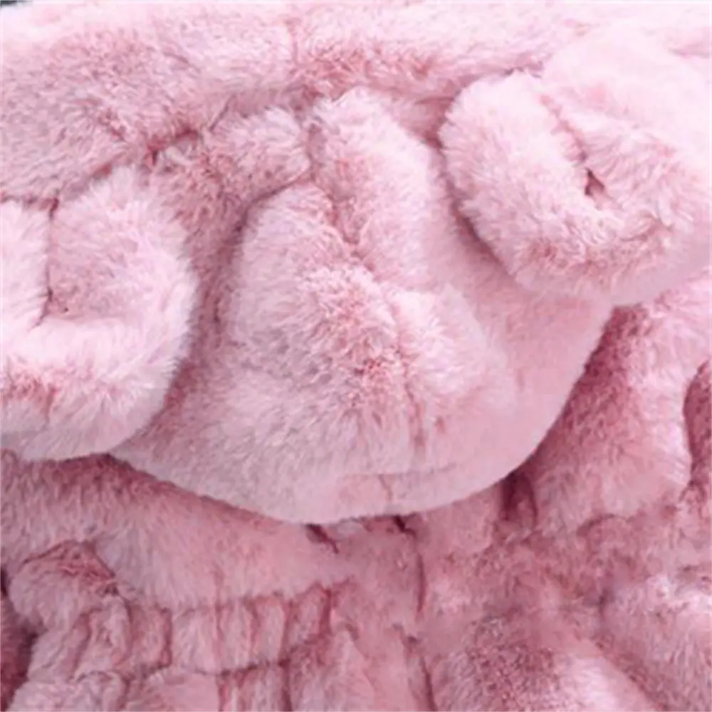Winter Cute Hairy Girl's Coat Baby Girl Solid Color Bear Ears Hooded Waist Zipper Warm Versatile Coat