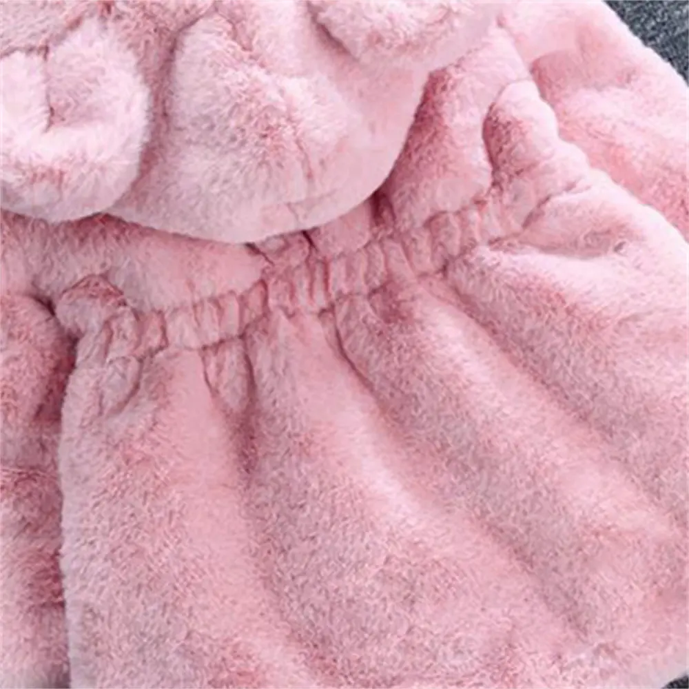 Winter Cute Hairy Girl's Coat Baby Girl Solid Color Bear Ears Hooded Waist Zipper Warm Versatile Coat