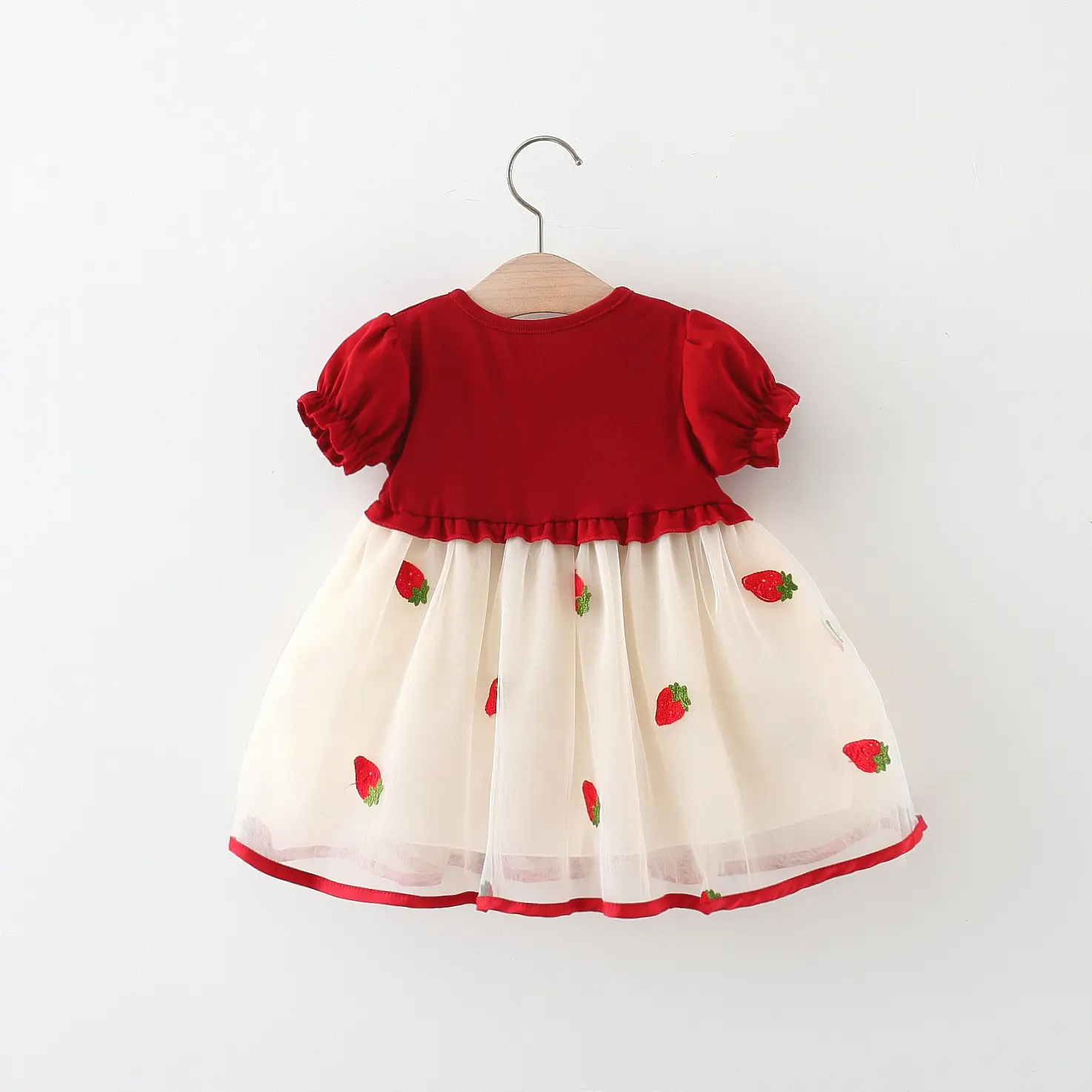 Children's Dress Summer Girl A 3D Flower Solid Color Bubble Sleeve Top with Strawberry Embroidery Mesh Princess Dress