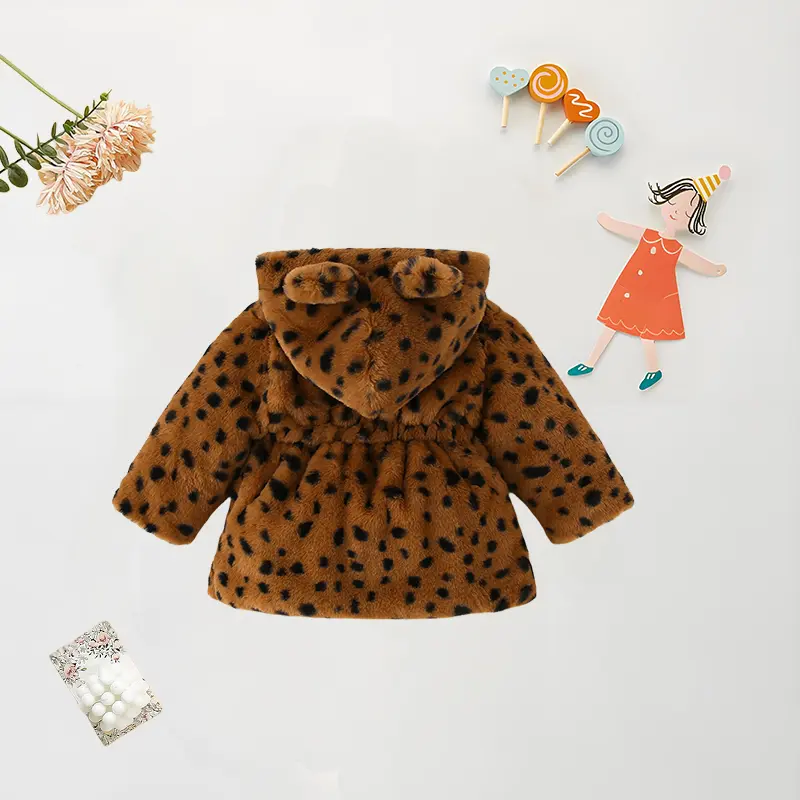 Winter Baby Girl Warm Thick Coat Fur Hooded Leopard Print Children's Cute Parka Coat Baby Girl Zipper Coat (0-3 Years Old)
