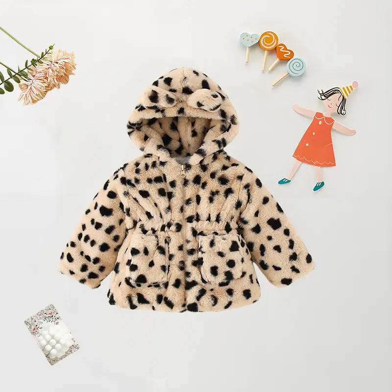 Winter Baby Girl Warm Thick Coat Fur Hooded Leopard Print Children's Cute Parka Coat Baby Girl Zipper Coat (0-3 Years Old)