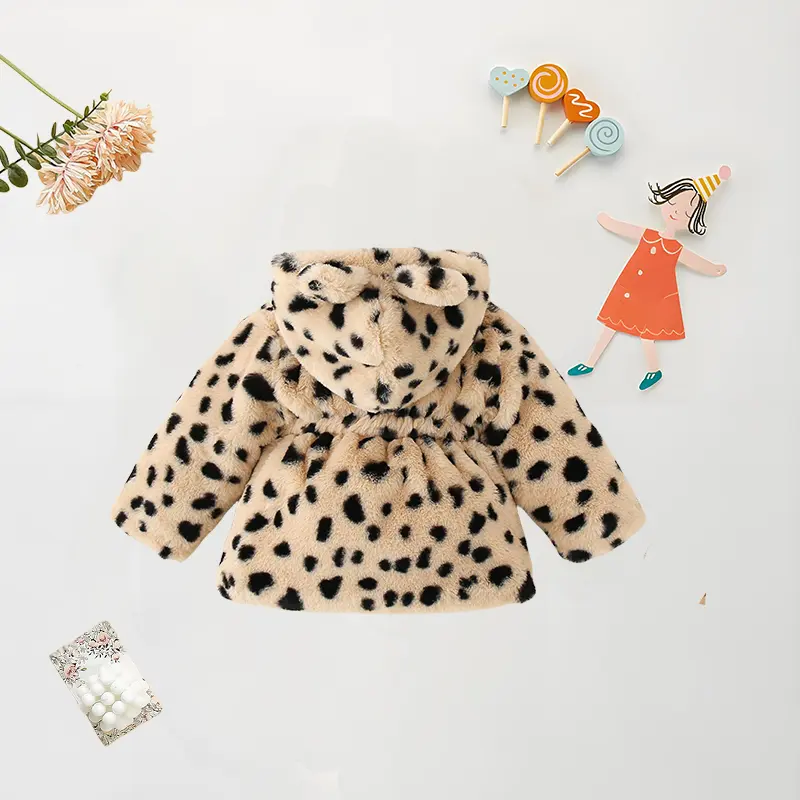 Winter Baby Girl Warm Thick Coat Fur Hooded Leopard Print Children's Cute Parka Coat Baby Girl Zipper Coat (0-3 Years Old)