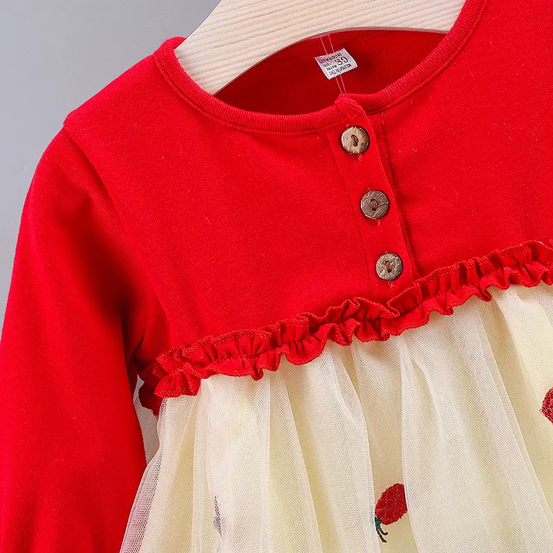 Spring and Autumn Girls' Long sleeved Dress Solid color Long sleeved Top Spliced Embroidered Pineapple Mesh Dress