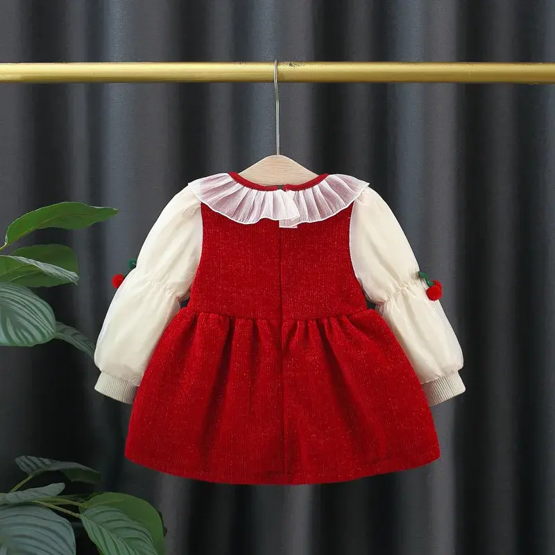 Winter New Girls' Dress Long Sleeve Dress Cherry Solid Color Sweet Princess Skirt Round Neck Plus Velvet Thick Warm Dress