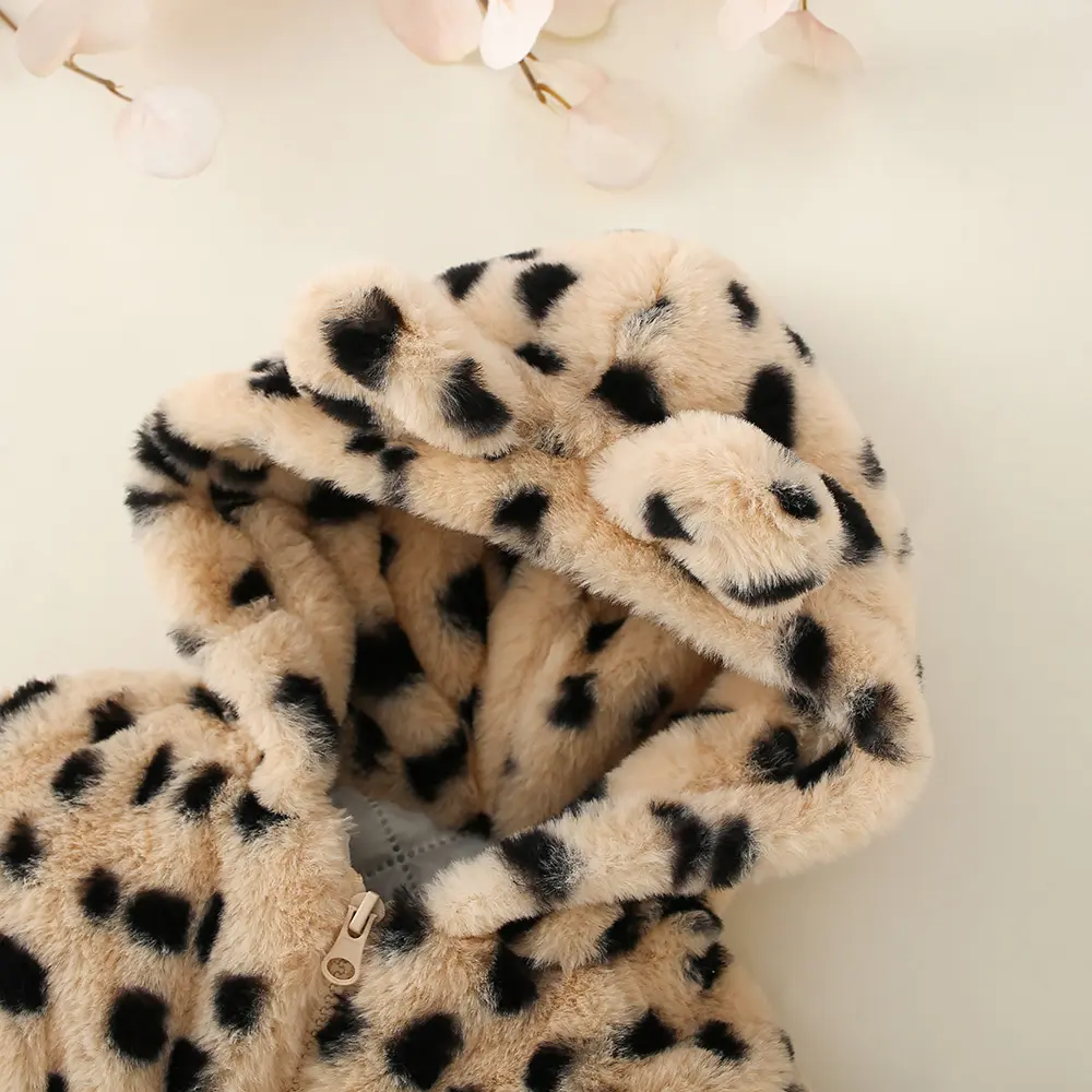 Winter Baby Girl Warm Thick Coat Fur Hooded Leopard Print Children's Cute Parka Coat Baby Girl Zipper Coat (0-3 Years Old)