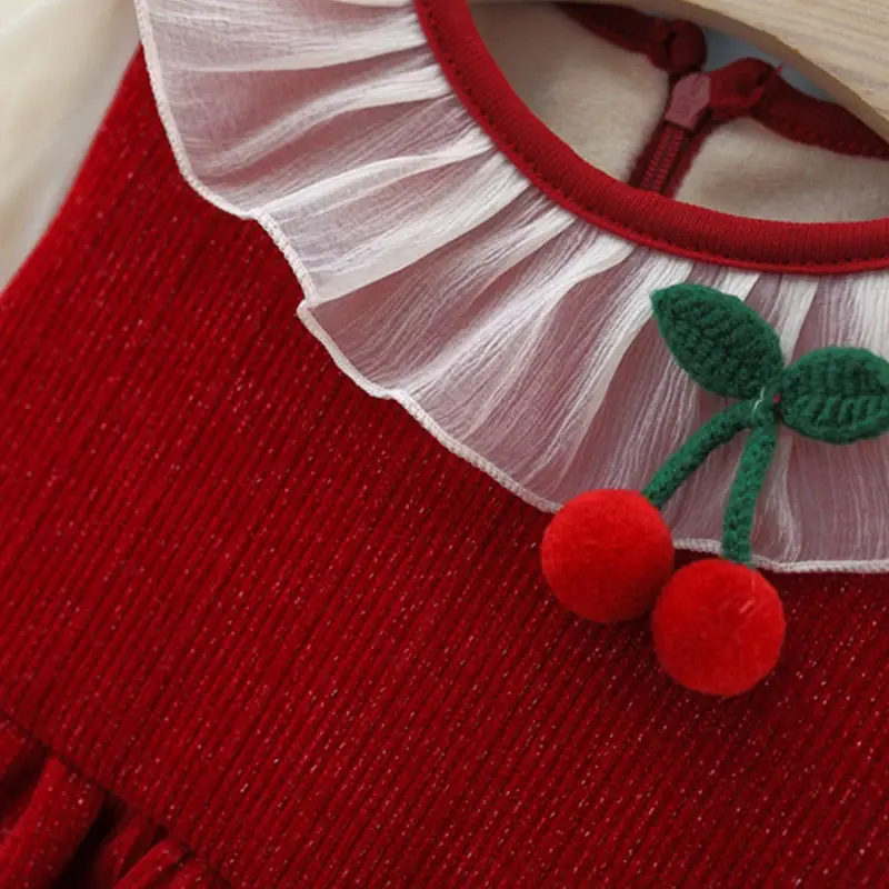 Winter New Girls' Dress Long Sleeve Dress Cherry Solid Color Sweet Princess Skirt Round Neck Plus Velvet Thick Warm Dress