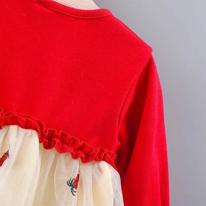 Spring and Autumn Girls' Long sleeved Dress Solid color Long sleeved Top Spliced Embroidered Pineapple Mesh Dress