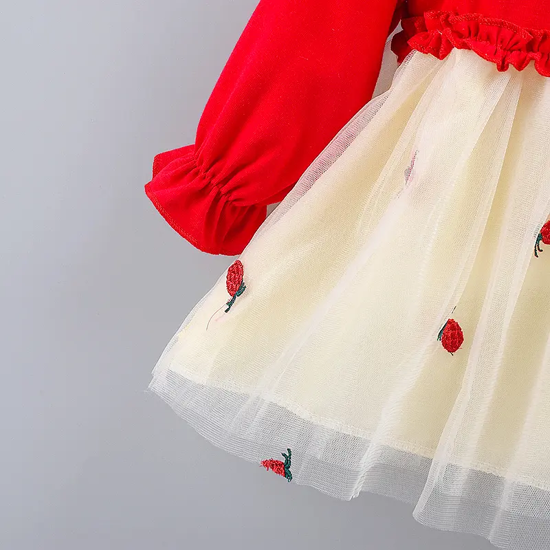 Spring and Autumn Girls' Long sleeved Dress Solid color Long sleeved Top Spliced Embroidered Pineapple Mesh Dress