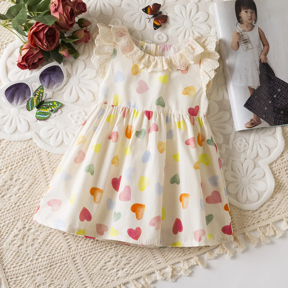 Baby Girl Dresses Summer New Sleeveless Colorful Baby Dresses Love Printed Sweet Lace Edge Girl Clothing