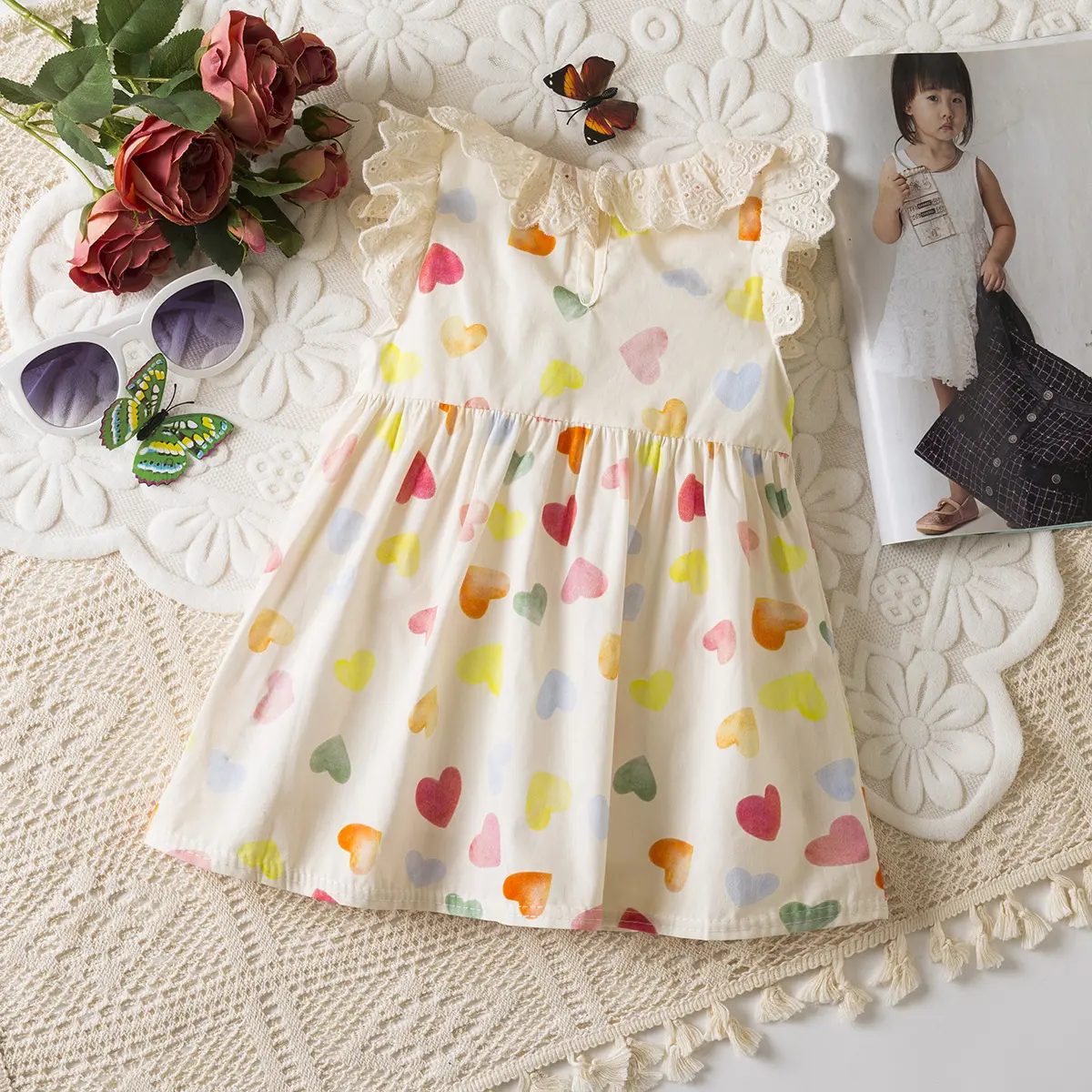 Baby Girl Dresses Summer New Sleeveless Colorful Baby Dresses Love Printed Sweet Lace Edge Girl Clothing