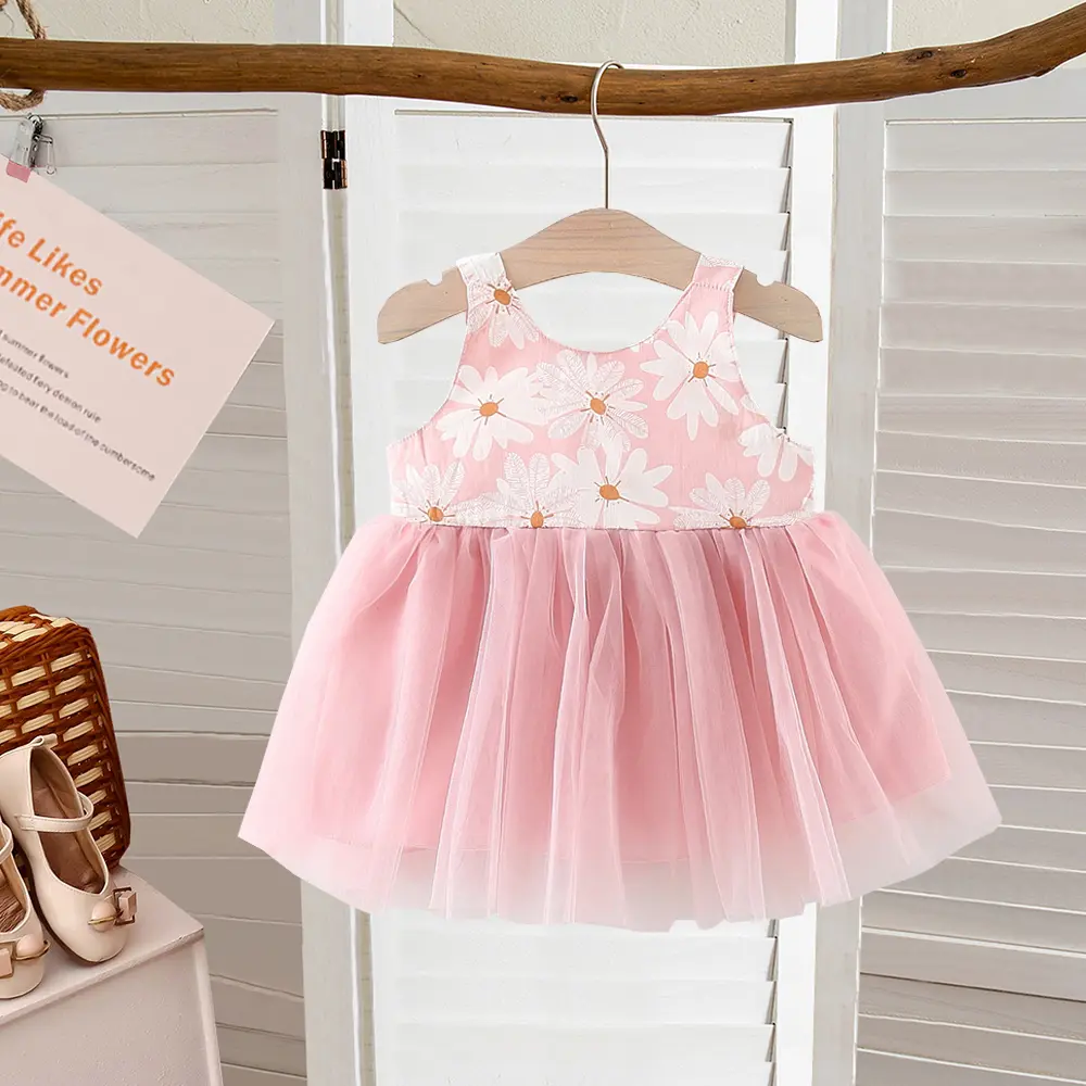 Baby Clothes Girl Summer Sleeveless Bow Mesh Children Dresses Princess'S Baby Girl One-Piece Dress 1st Birthday Gown