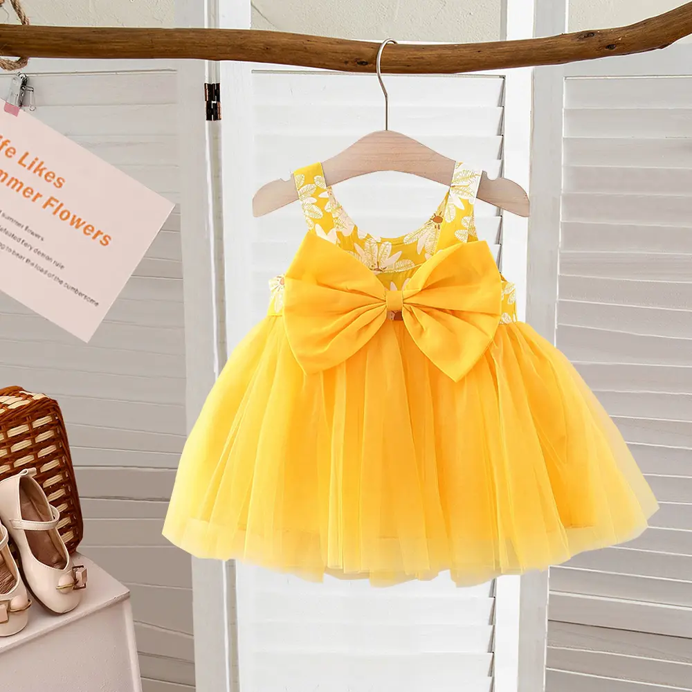 Baby Clothes Girl Summer Sleeveless Bow Mesh Children Dresses Princess'S Baby Girl One-Piece Dress 1st Birthday Gown