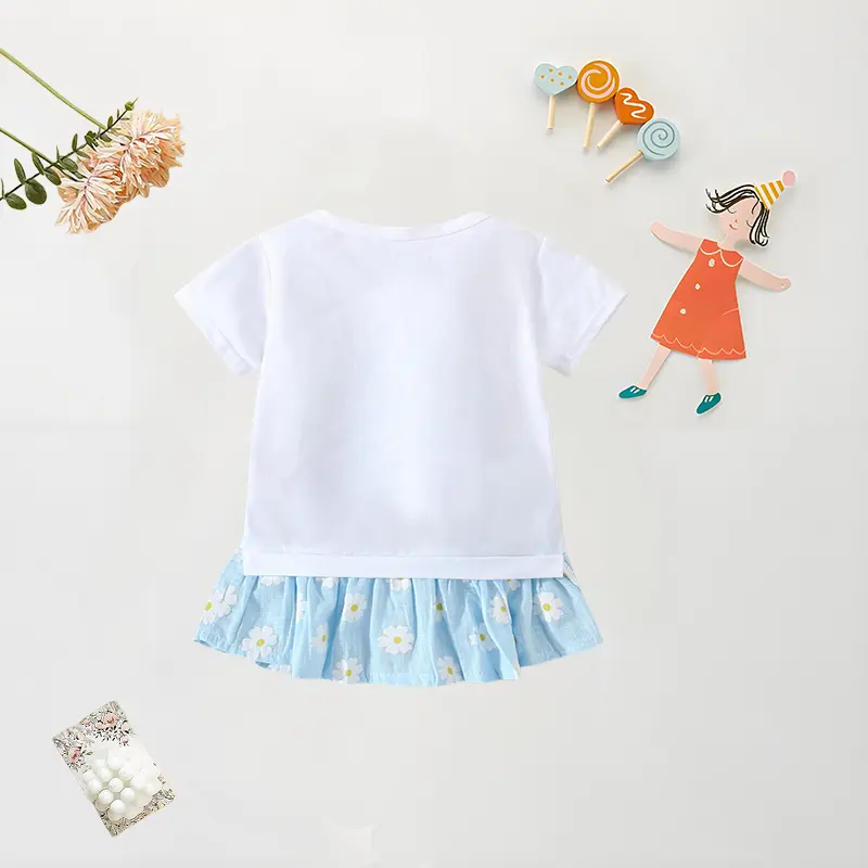 Baby Girl T-shirt Dress Summer Cartoon Cat Print Splicing Daisy Dress Cute Fake Two-piece Set Short Sleeved Dress