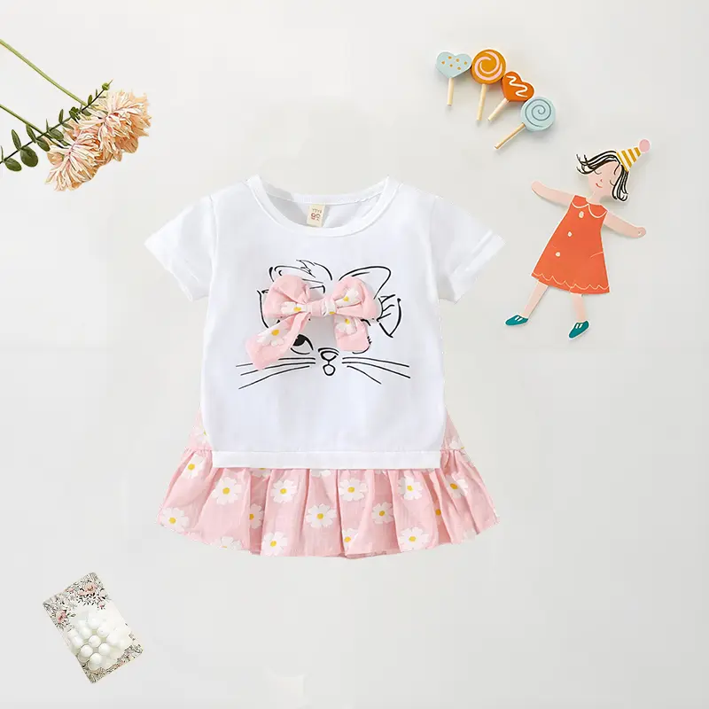 Baby Girl T-shirt Dress Summer Cartoon Cat Print Splicing Daisy Dress Cute Fake Two-piece Set Short Sleeved Dress
