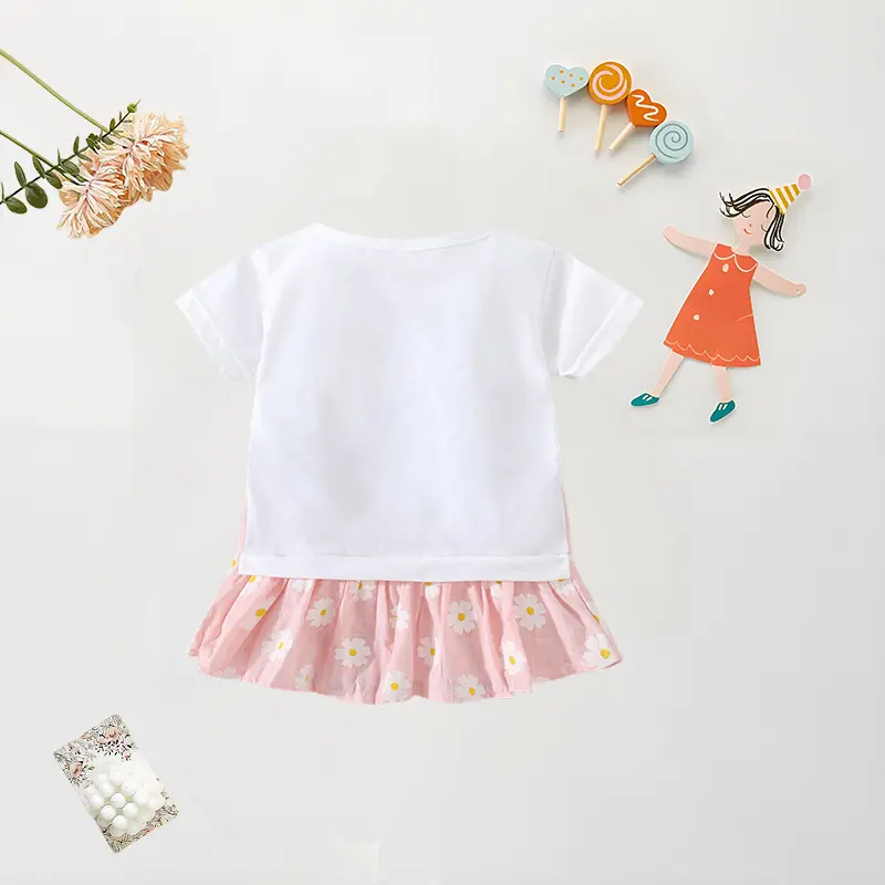 Baby Girl T-shirt Dress Summer Cartoon Cat Print Splicing Daisy Dress Cute Fake Two-piece Set Short Sleeved Dress